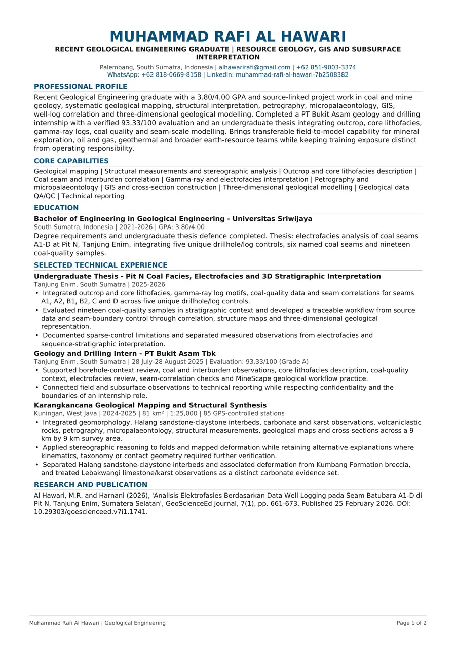 Multidisciplinary Applied Geoscience Curriculum Vitae