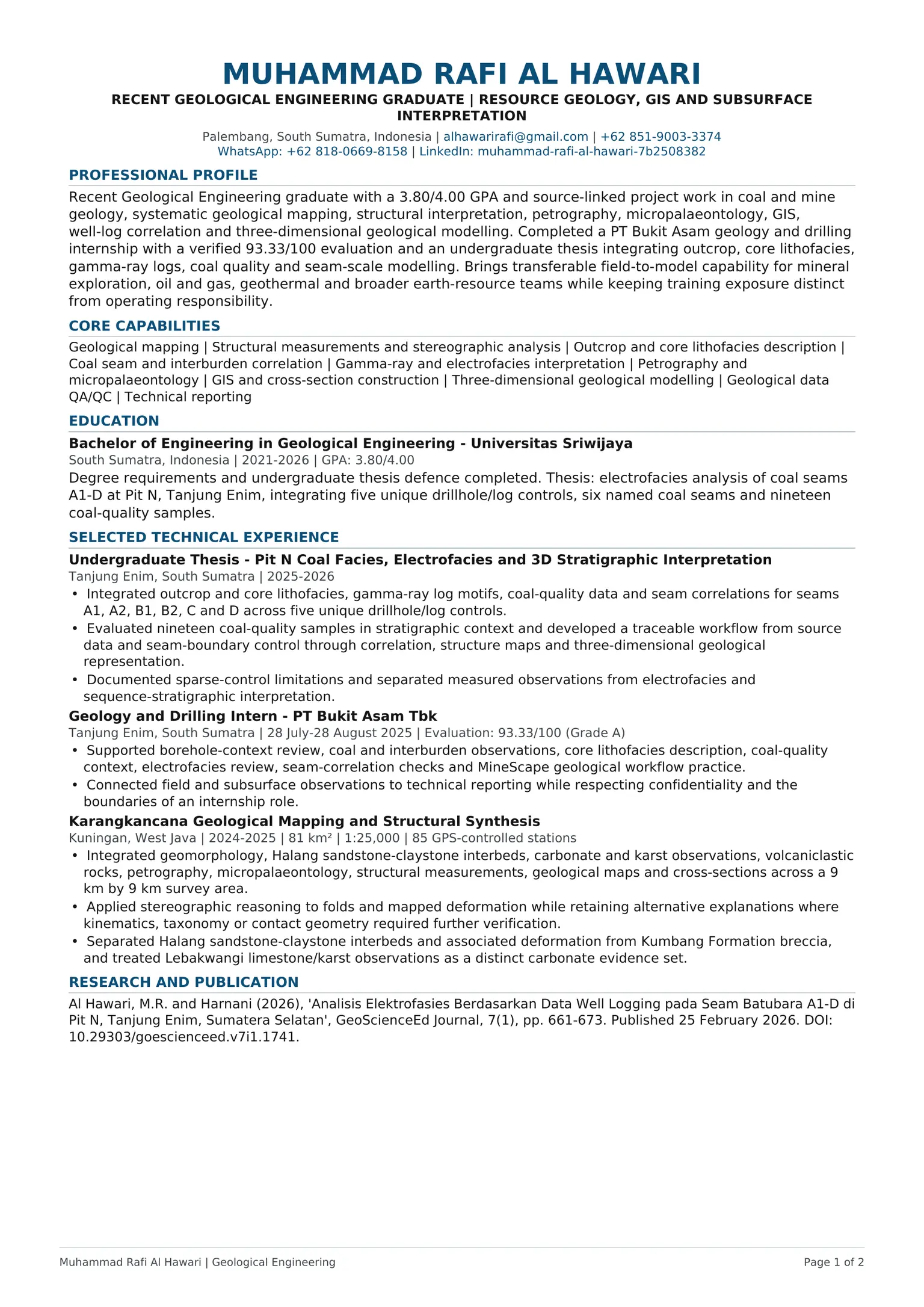 First page of the multidisciplinary applied geoscience curriculum vitae