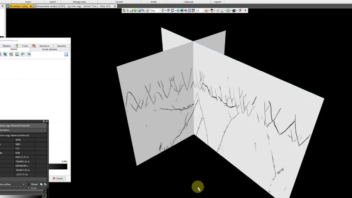 Fault-stick geometry displayed on orthogonal panels