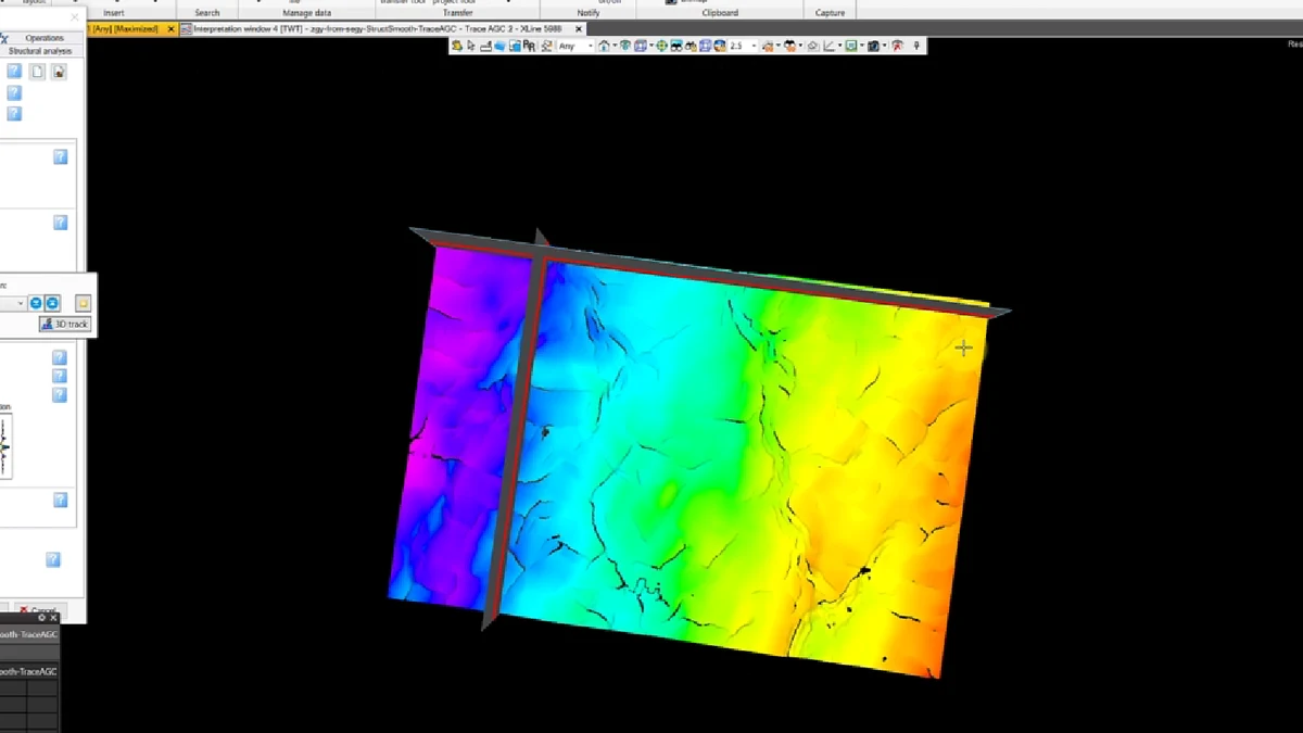 Structural surface map with elevation or time colour ramp