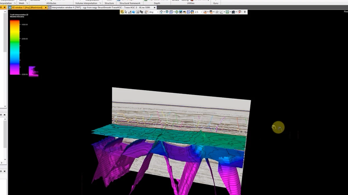 Seismic section, surfaces and faults integrated in 3D