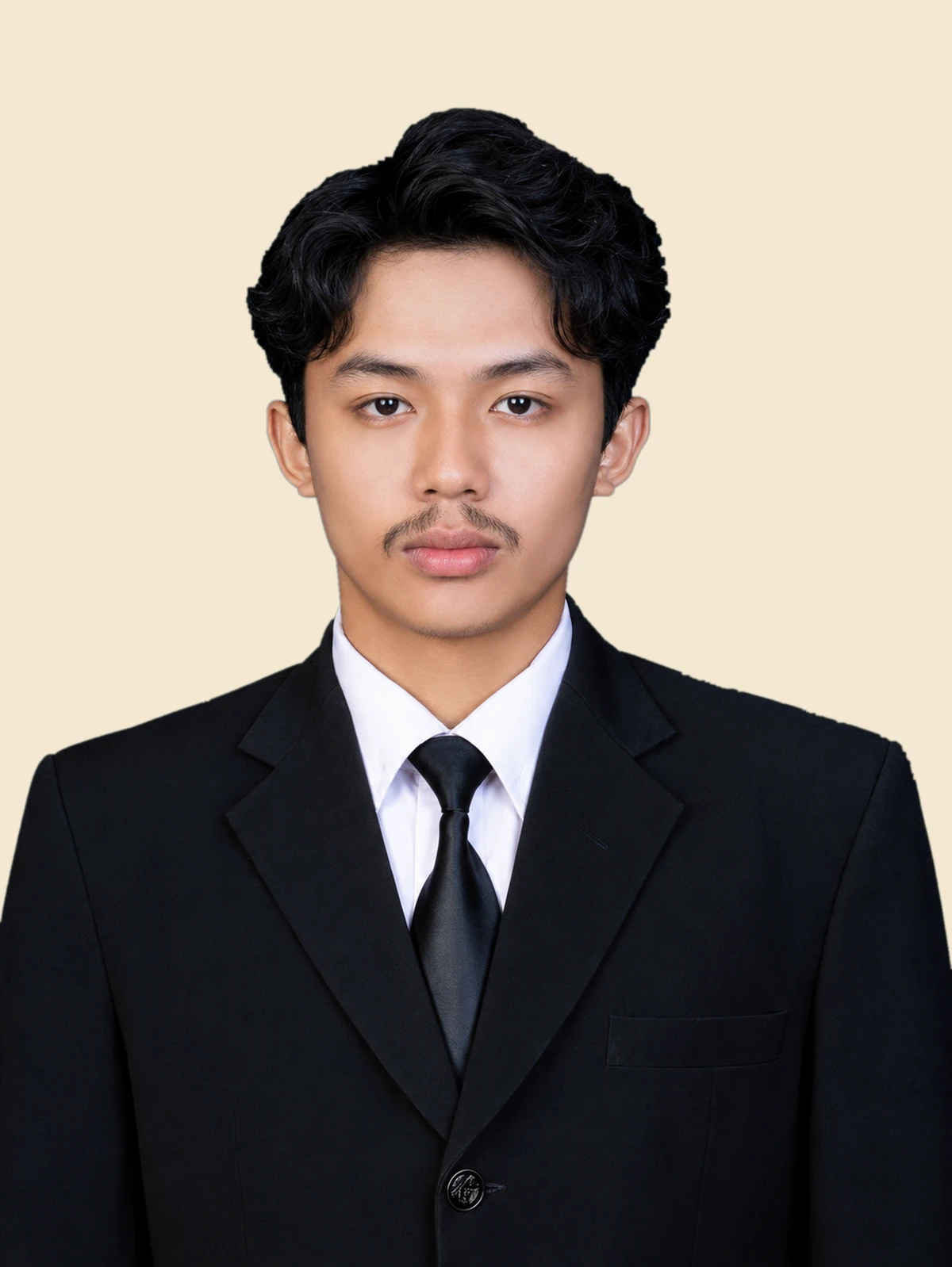 Muhammad Rafi Al Hawari wearing a black suit and tie against a plain warm-cream background